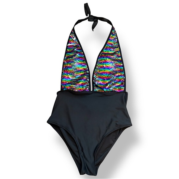 Rainbow Sequin Halter Swimsuit - Picture 1 of 9